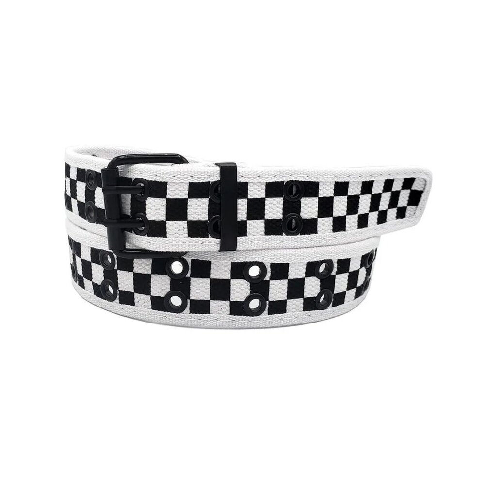 White and Black Checkered 2 Holes Row Grommet Canvas Fabric Web Belt Size XLarge